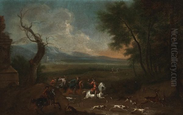 A Landscape With A Stag Hunt Oil Painting by Jan Wyck