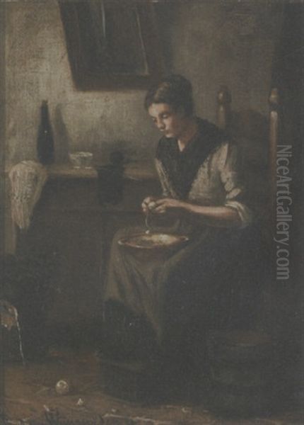Interior With Woman Peeling Potatoes Oil Painting by Theodorus Van Wyngaarden