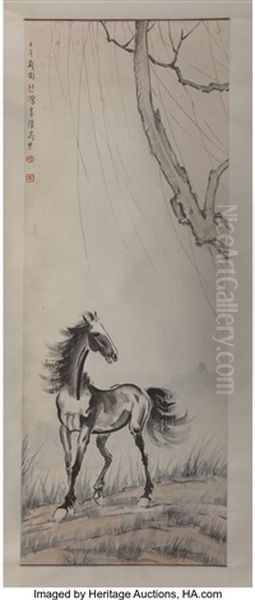 A Chinese Pictorial Scroll Painting With Horse Motif Attributed To Xu Beihong Oil Painting by Xu Beihong