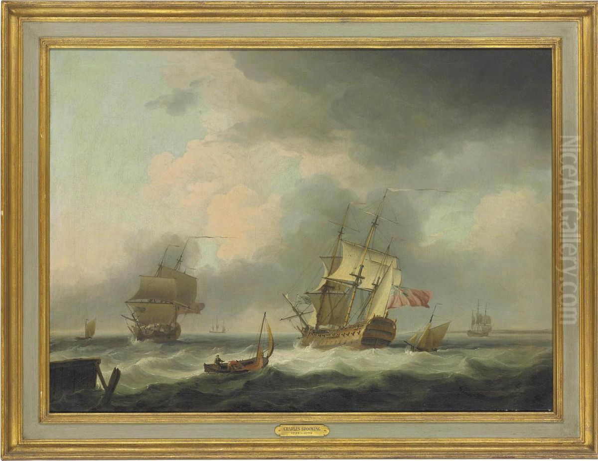 A '74' And A Frigate In A Stiff Breeze In The Channel Oil Painting by Charles Brooking