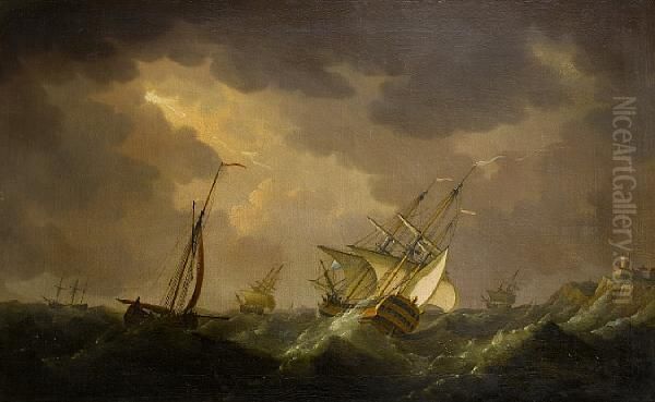 Men O'-war Off A Rocky Coastline Oil Painting by Charles Brooking