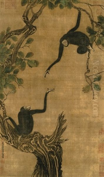 Two Apes In An Oak Tree Oil Painting by  Yi Yuanji
