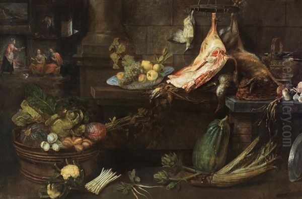 A Kitchen Still Life Featuring The Scene Of Christ In The House Of Martha And Mary Oil Painting by Frans Ykens