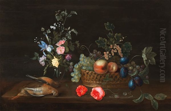 A Still Life Of Flowers And Fruit With Wildfowl Oil Painting by Frans Ykens