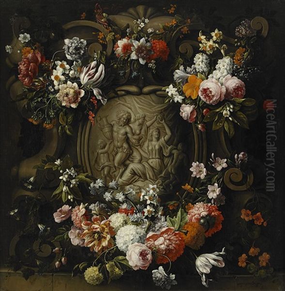 Cartouche With Garland Of Flowers Oil Painting by Frans Ykens