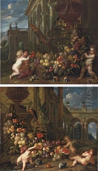 An Architectural Capriccio With Putti Around A Swag Of Fruit (+ Another; 2 Works) Oil Painting by Pieter Ykens