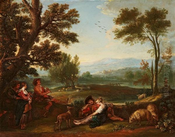 Landscape With Shepherds And A Courtship Scene Oil Painting by Jan Thomas Van Yperen