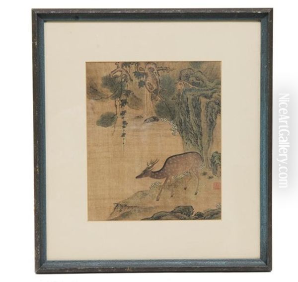 Painting On Silk Of A Deer, 18th Century Oil Painting by  Yu Zhiding