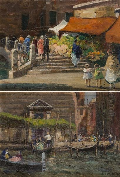 Gondolel; Mercato Dei Fiori A Venezia (2 Works) Oil Painting by Erma Zago