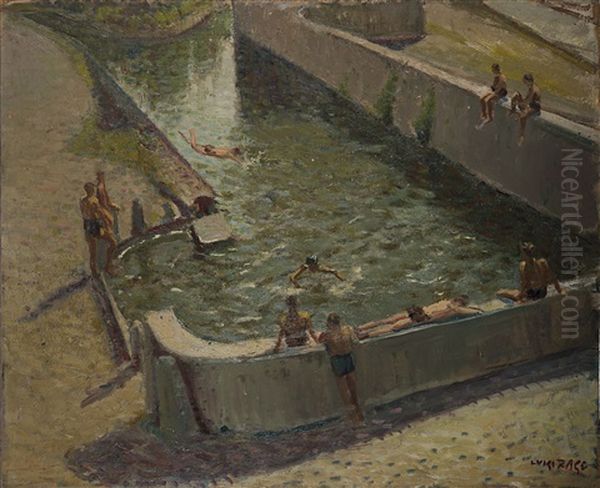 Bagnanti Nella Roggia A Calcio. Bergamo Oil Painting by Luigi Zago