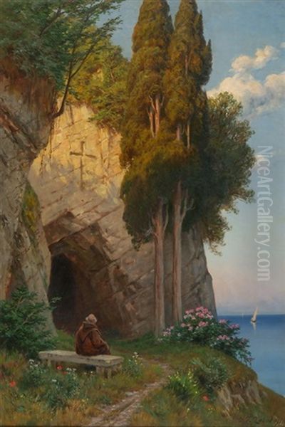 Sitzender Monch Vor Hohle Oil Painting by Johann Zahnd