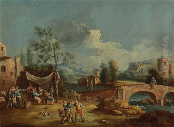 An Italianate River Landscape With Figures Merrymaking And Fighting Oil Painting by Giuseppe Zais