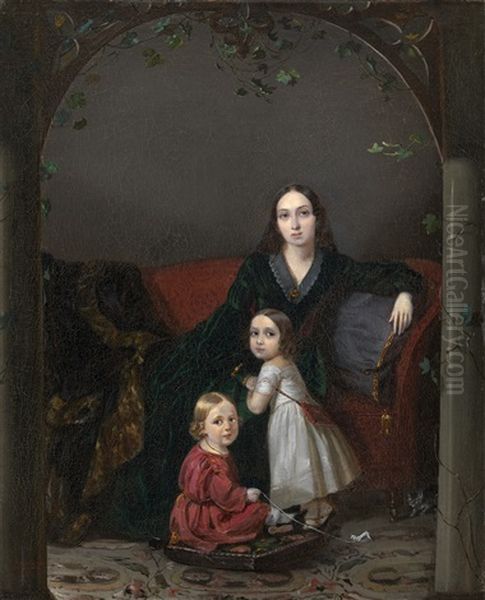 Portrait Of Anna Grigorievna Ermolova With Her Children Oil Painting by Petr Zakharovich Zakharov-Chechenets