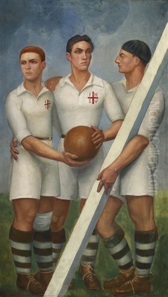 Tres Futbolistas Con Boina Oil Painting by Angel Zarraga Arguelles
