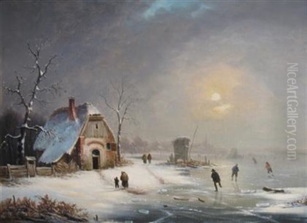 Skaters On A Frozen Pond Oil Painting by Van Zeebroeck