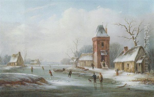 Skaters On A Frozen Pond Oil Painting by Van Zeebroeck