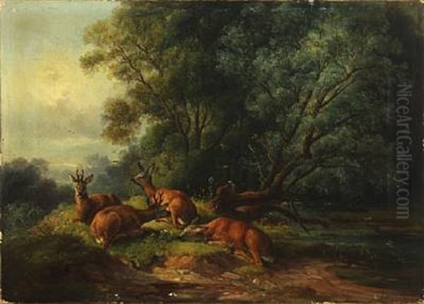 Deers In A Forest Oil Painting by Friedrich Fritz Zeller