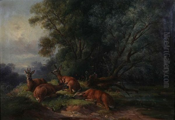 Sous-bois Anime De Quatre Cerfs Oil Painting by Friedrich Fritz Zeller