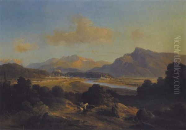 Panoramablick Von Maria Plain Auf Salzburg Mit Abendstimmung Oil Painting by Friedrich Fritz Zeller
