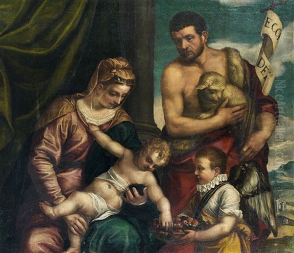 La Vierge A L'enfant Avec Saint Jean-baptiste Et Un Jeune Garcon En Ange Oil Painting by Giovanni Battista Zelotti