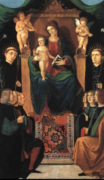Madonna And Child Enthroned With Two Angels, Two Beati, And Six Donors Oil Painting by Bernadino Zenale