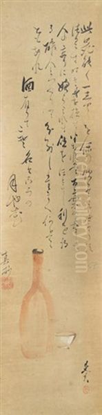 Sake And Poem Oil Painting by Zeshin Shibata