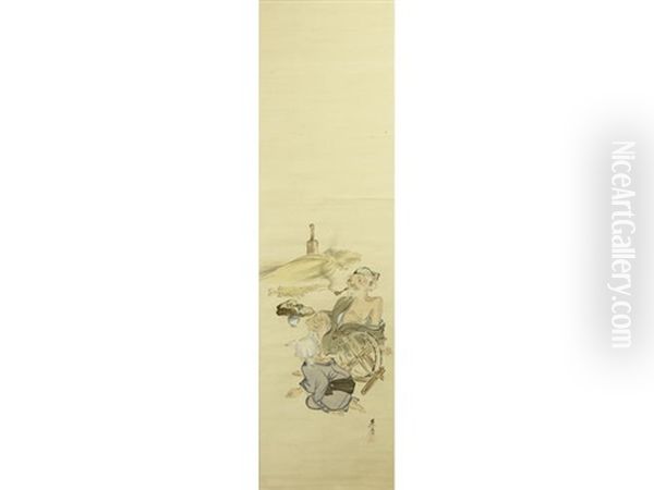 An Elderly Couple, The Man Resting And Smoking A Pipe, Whilst The Woman Crouched At His Feet Spins Thread Onto A Spool Oil Painting by Zeshin Shibata