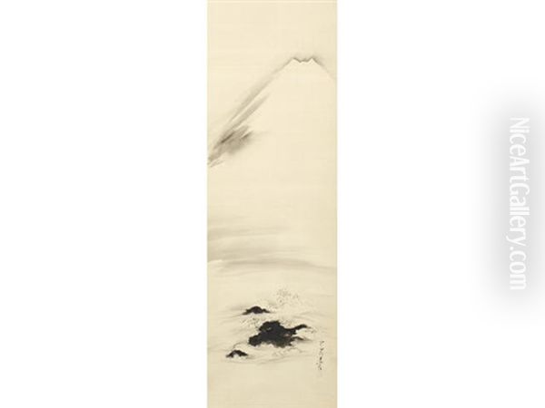 Mount Fuji Looming In The Distance Above A Flock Of Plovers In Flight Over Waves Lapping Against Rocks Oil Painting by Zeshin Shibata