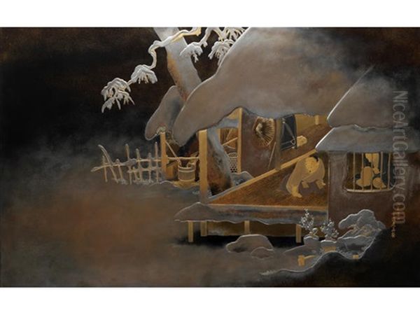 Panel With Design Of Farmhouse In The Snow At Sano (set Of 4) Oil Painting by Zeshin Shibata