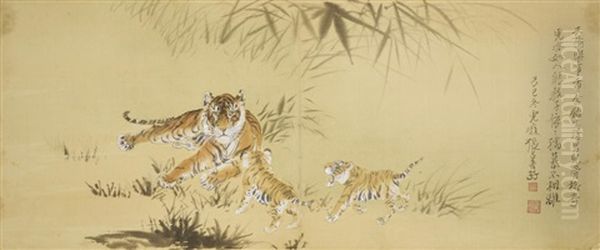 Three Tigers Oil Painting by Zhang Shanzi