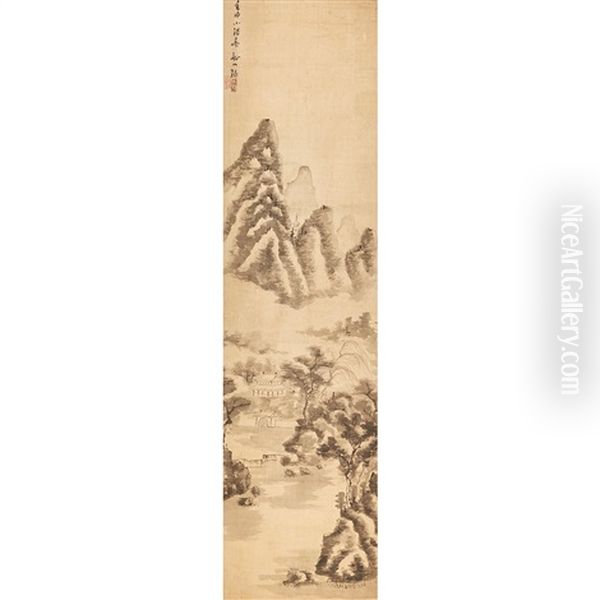 Hanging Scroll, Huts In A Mountain Landscape Oil Painting by Zhang Wentao