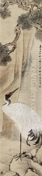 Pine And Crane Oil Painting by Zhang Wentao