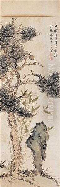 Pine And Bamboo Oil Painting by Zhang Wentao