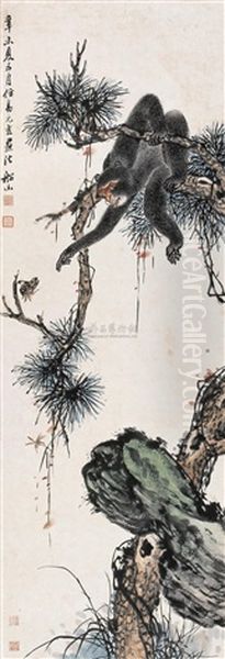 Pine And Monkey Oil Painting by Zhang Wentao