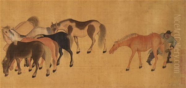 One Hundred Horses Oil Painting by Zhao Mengfu