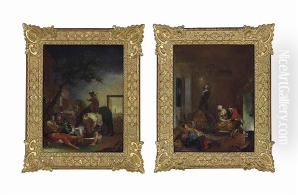 Evening: Figures Resting And Washing By A Fountain, With Another Figure On Horseback, A Town Beyond; And Night: An Interior With Figures Resting, An Amorous Couple By An Open Fire And A Figure Reading The Time With A Candle (2 Works) Oil Painting by Januarius Zick