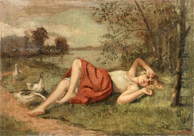 Ruhendes Madchen Mit Gansen Am See Oil Painting by Bernhard Zickendraht