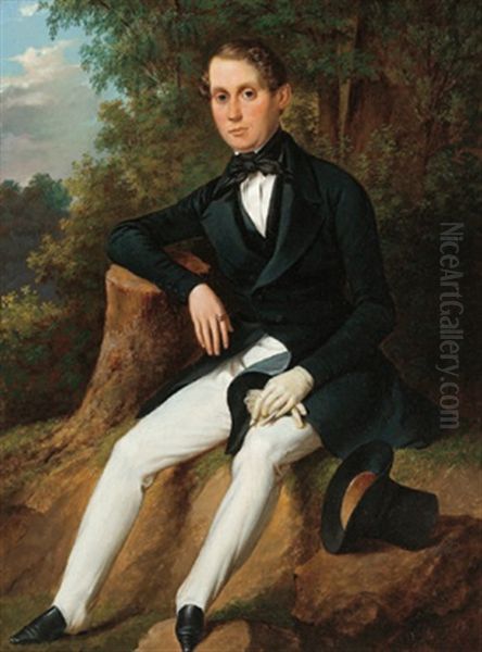 Portrait Eines Jungen Mannes, Vor Einem Landschaftshintergrund Sitzend Oil Painting by Andreas Ziegler
