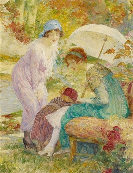 Zwei Damen Mit Kind Im Park Oil Painting by Francois Edouard Zier
