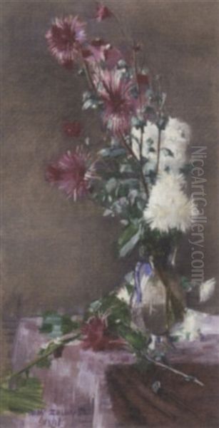 Chrysanthemums In A Glass Vase On A Table Oil Painting by Jenny Zillhardt