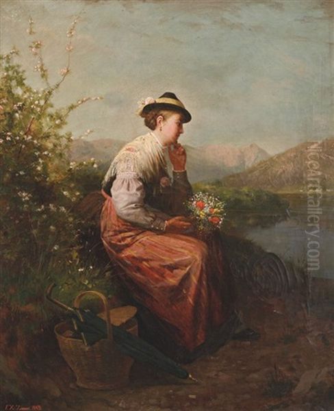 Dirndl Mit Blumenstraus, Am Seeufer Rastend Oil Painting by Franz Xaver Zimmer