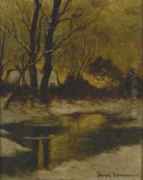 Teils Zugefrorener See Mit Bauernhaus Im Hintergrund Oil Painting by August Richard Zimmermann