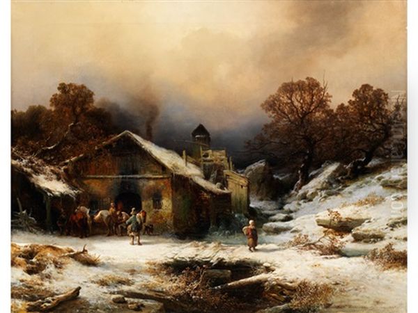 Verschneite Landschaft Mit Bauernhaus Und Figurenstaffage Oil Painting by August Richard Zimmermann