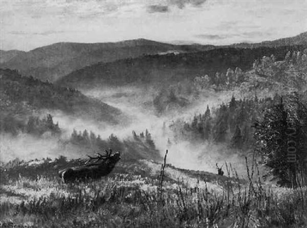 Spatsommerliches Mittelgebirge Mit Zwei Hirschen Oil Painting by Carl Zimmermann