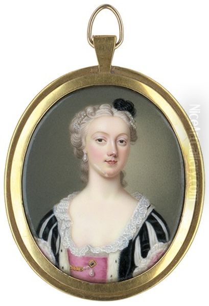 Bildnis Einer Jungen Frau Im Dekolletierten Schwarz-weis Gestreiften Kleid Mit Perlschmuck Im Haar Oil Painting by Christian Friedrich Zincke