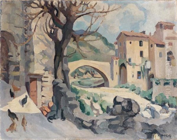 Ruelle Animee De Village De Montagne (hautes-alpes?) Oil Painting by Jules Emile Zingg