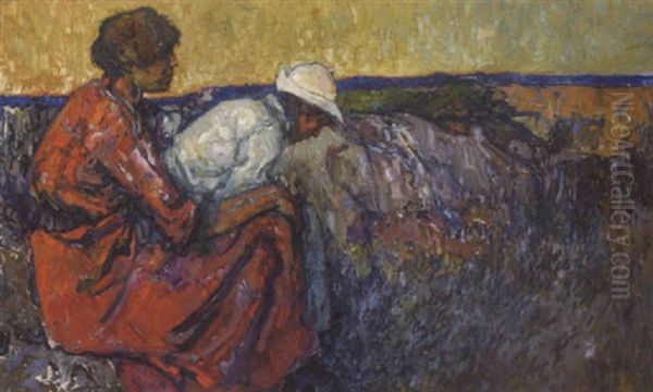 At The Close Of Day. Ungt Par I Landskab, I Baggrunden Havet Oil Painting by Emil Karl Zoir