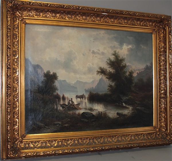 Gebirgssee Mit Figurlicher Staffage Oil Painting by Julius Zopf