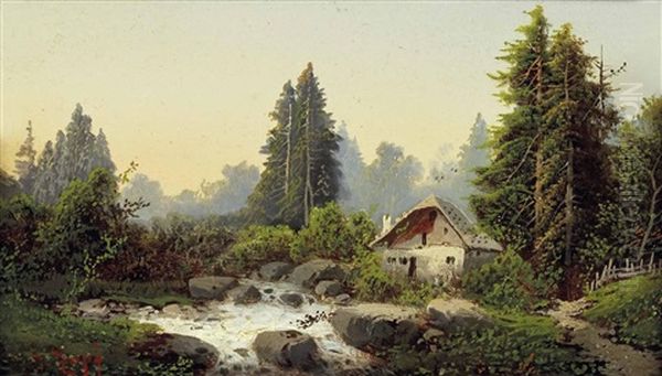 Bauernhaus Im Wald Am Bergbach Oil Painting by Julius Zopf
