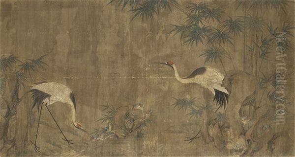 Cranes, Bamboo And Lingzhi Fungus By Rocks Oil Painting by Zou Yigui